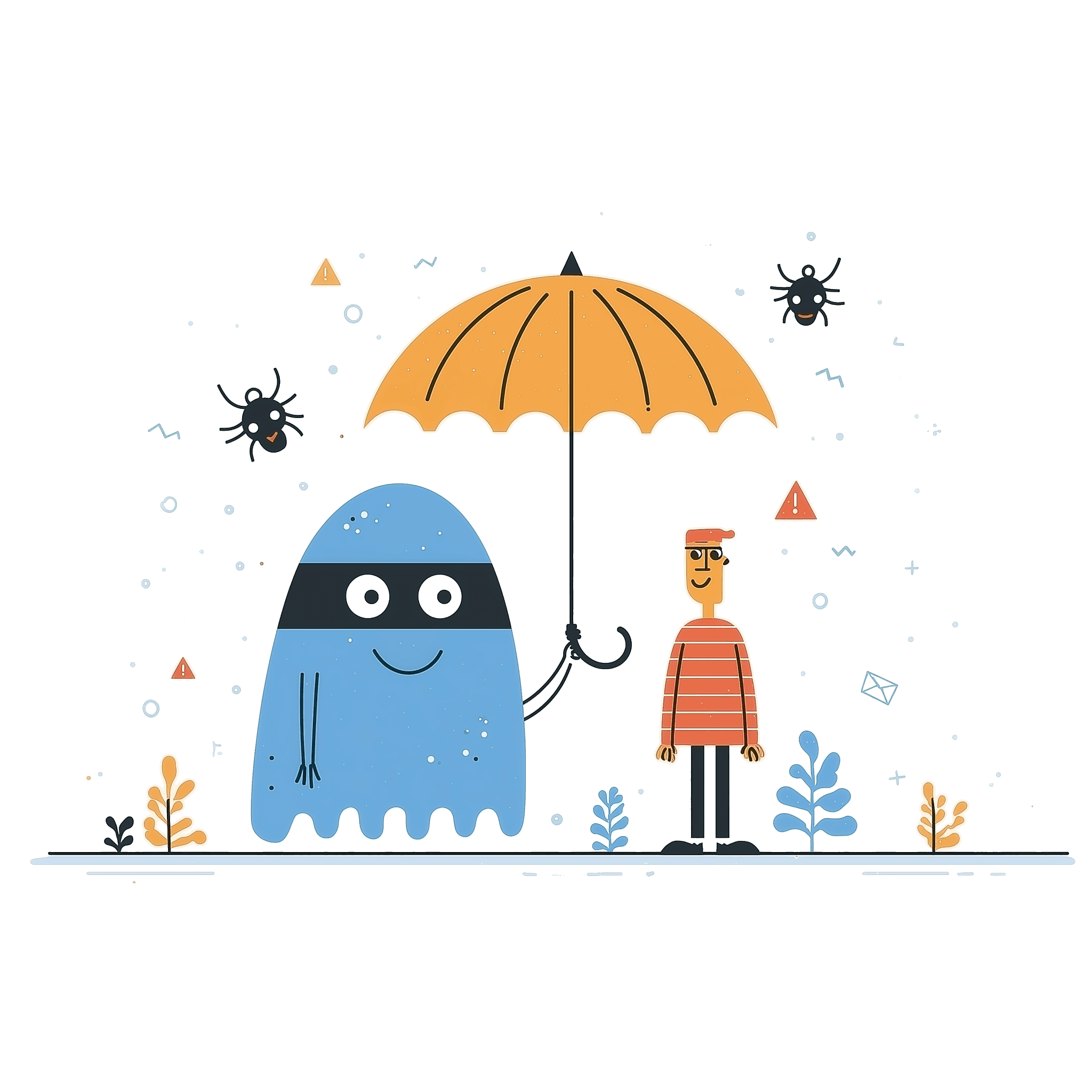 GhostSMS — a friendly masked ghost shielding a user with an umbrella, deflecting incoming spam, bugs and threats to keep their real number private