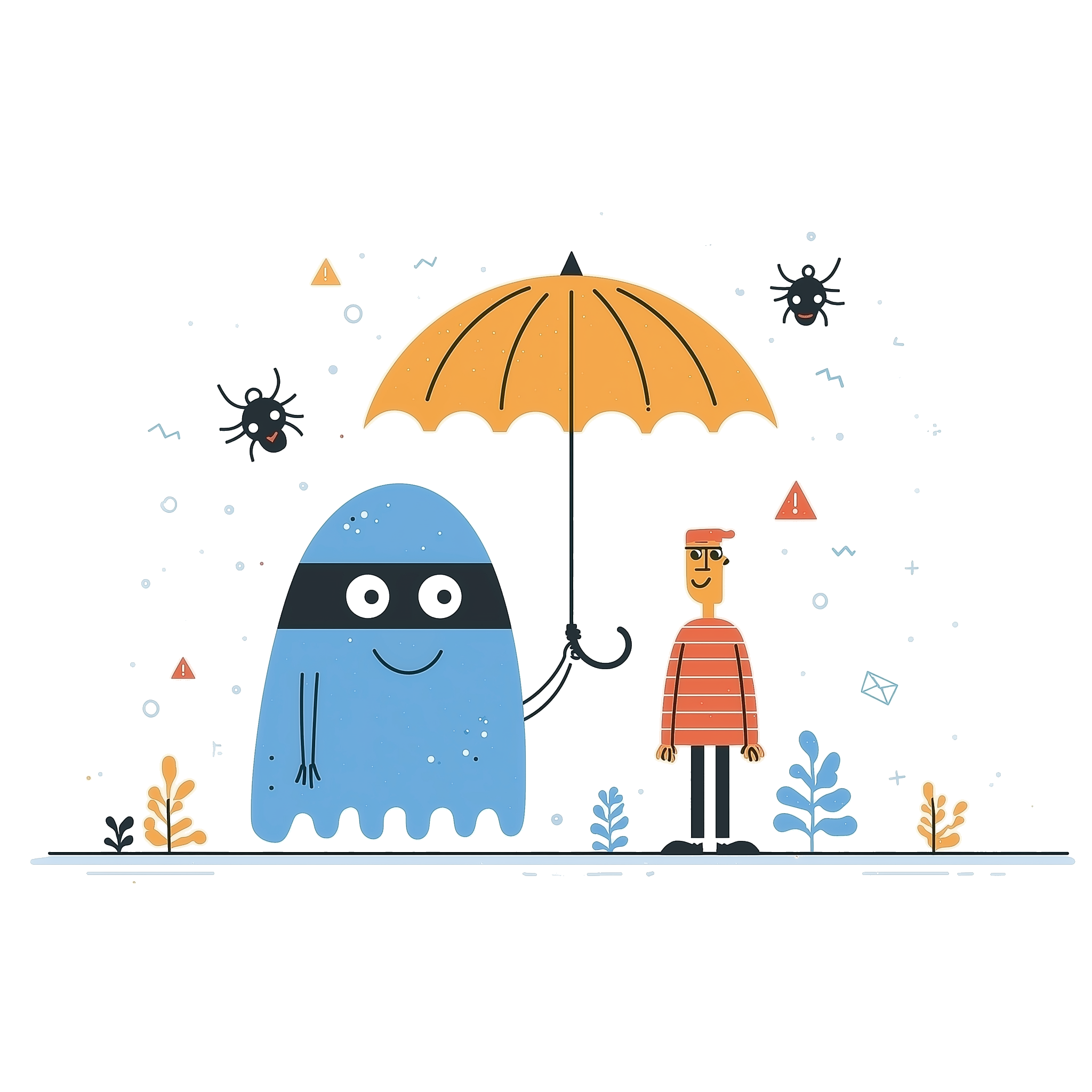 GhostSMS — a friendly masked ghost shielding a user with an umbrella, deflecting incoming spam, bugs and threats to keep their real number private